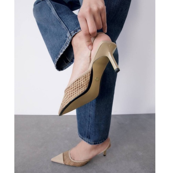 Zara NWT Mesh net detail pointed toe sling back heels size 40 - Picture 10 of 12